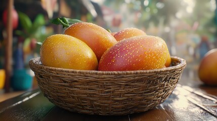 Fresh mangoes in a woven basket