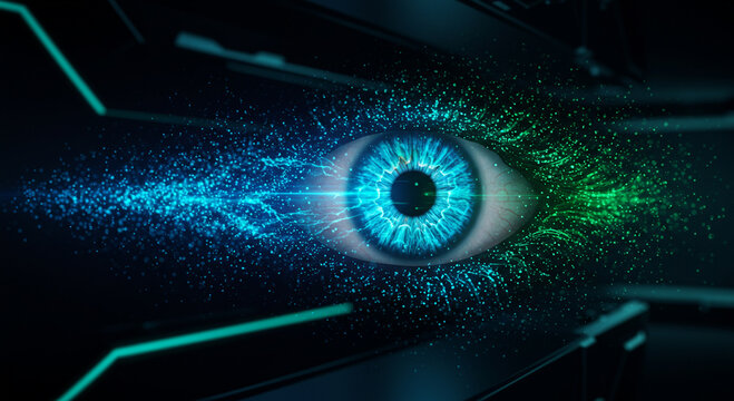 Futuristic eye with digital particles conveying a vision concept