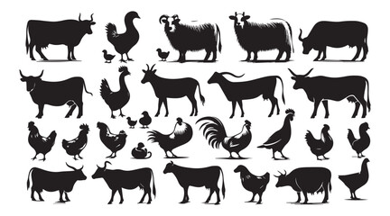 Farm Animal Silhouettes Collection – Livestock, Poultry, Tractor, and Rural Elements Vector Set