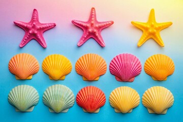 Colorful seashells and starfish on blue background, evoking marine life and vibrant beach vibes