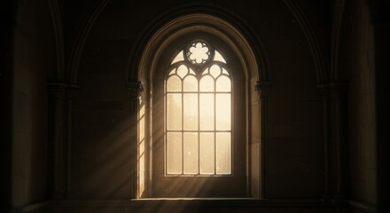 Obraz premium Gothic Arch Window Sunlight - Sunlight streams through a gothic arched window, symbolizing hope, faith, spirituality, mystery, and architectural grandeur