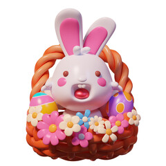 3D Icon Illustration of Bunny in Easter Basket
