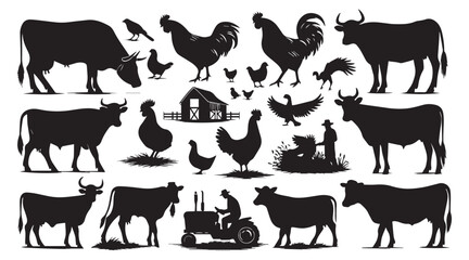 Farm Animal Silhouettes Collection – Livestock, Poultry, Tractor, and Rural Elements Vector Set