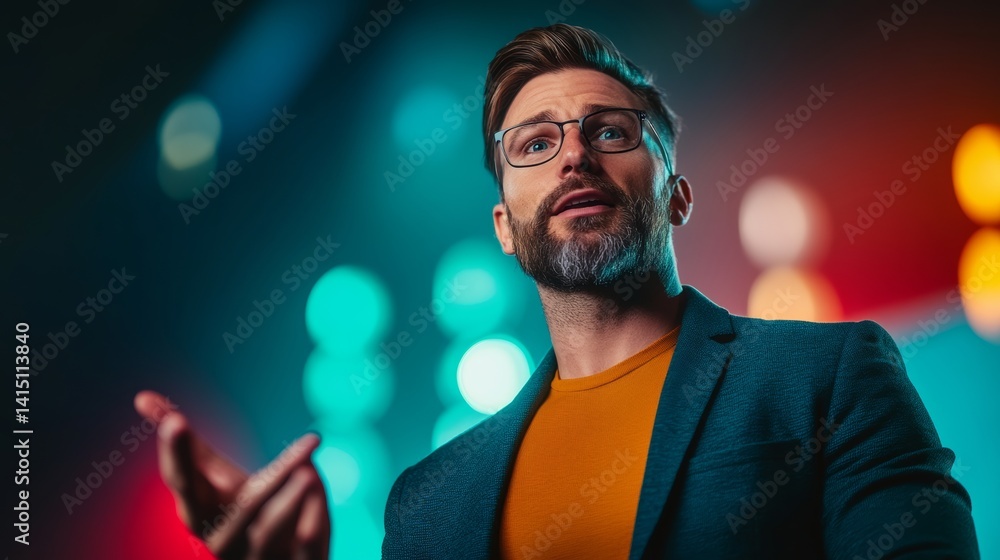 Poster man with glasses and a beard is standing in front of a bright light. he is wearing a suit and an ora