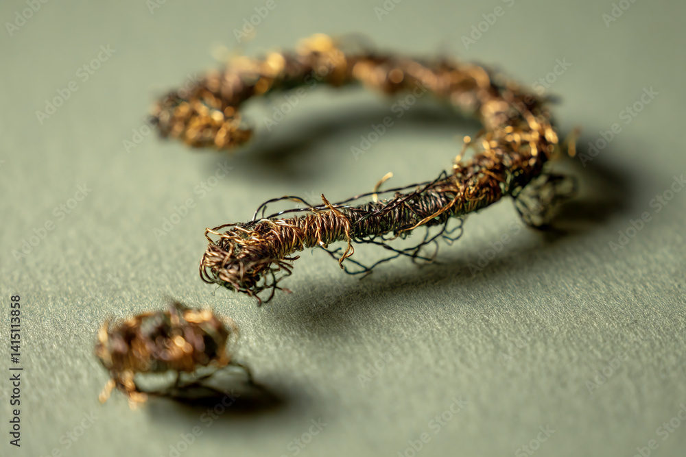 Poster close-up of a question mark formed from tangled copper wire, on a green surface. symbolizes uncertai