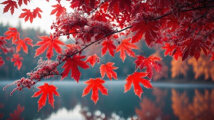 Red Maple Leaves Over Water in Autumn Landscape