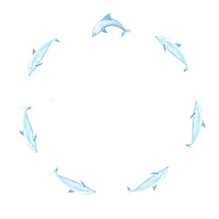 Dolphins watercolor round frame isolated on white. Hand-drawn blue monochromatic clip art perfect for notebooks, posters, cards, dishes, stickers, tote bags, eco, sea tourism, room decor and design