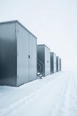 Fototapeta premium Row of Secure Metal Storage Units in a Snowy Landscape