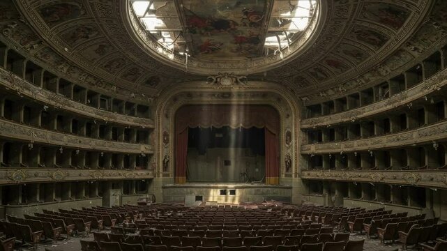 Historic theater interior with ornate architecture and empty seats