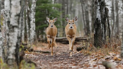 Two young deer running on a forest path