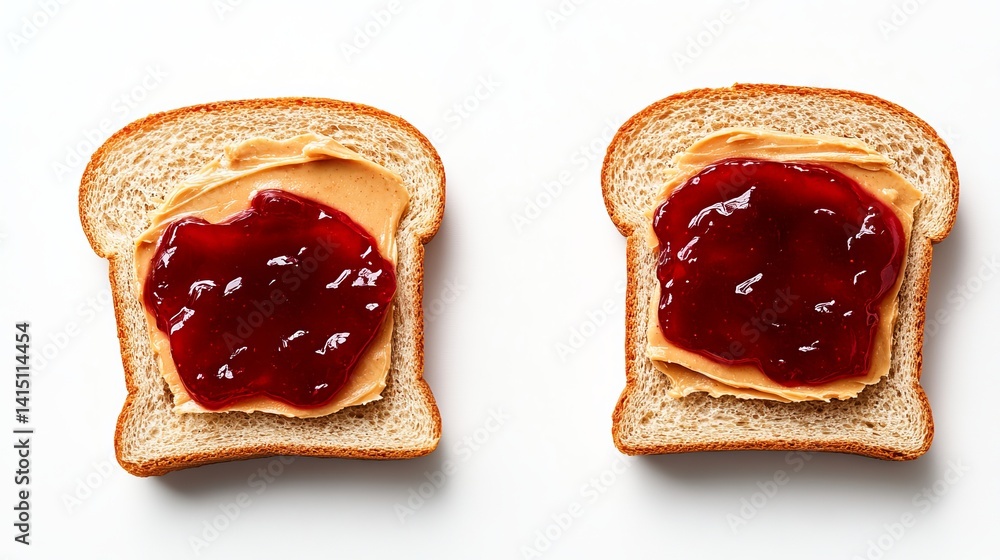 Poster two slices of bread are topped with peanut butter and jelly on a white surface. - high quality two s