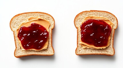 Two slices of bread are topped with peanut butter and jelly on a white surface. - high quality Two slices of bread are topped with peanut butter and j