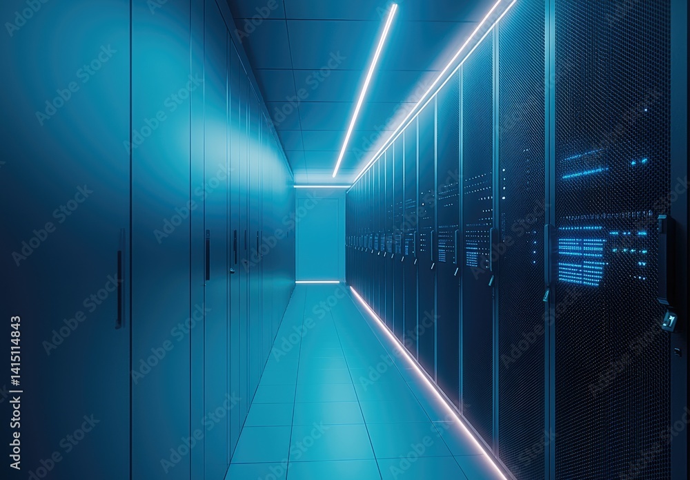 Poster minimalist server corridor with sleek panels and subtle blue lighting, ideal for secure cloud system