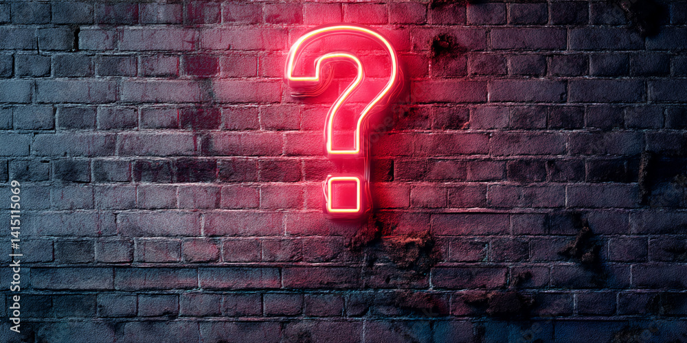 Poster Red neon question mark on dark brick wall, creating a mysterious and intriguing atmosphere, ideal for concepts related to questions, answers, or mystery