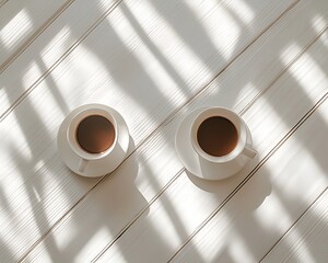 Two coffees with sunlight, and wood table.
