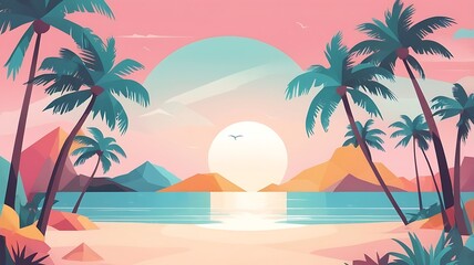 Obraz premium Flat design vector art of a tropical beach with palm trees, soft pastel colors, and geometric shapes