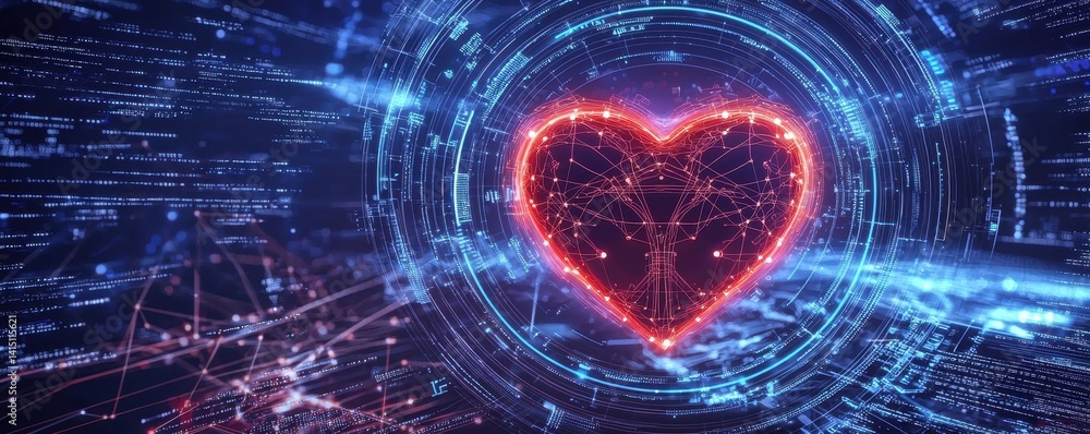 Poster a glowing heart symbol surrounded by digital lines and patterns, representing technology and connect