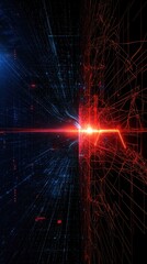 Obraz premium A striking digital visualization featuring vibrant blue and red lines radiating from a central light, creating a sense of depth and movement.
