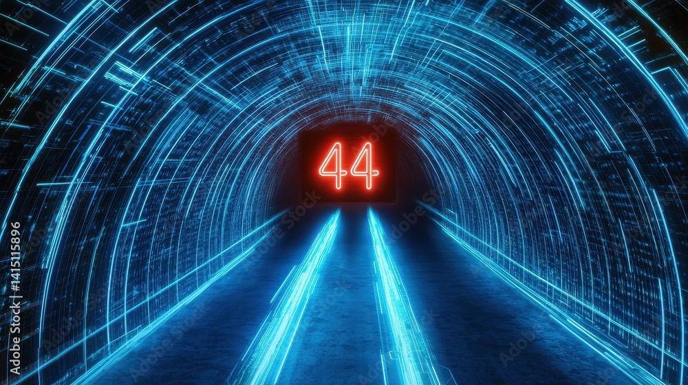 Aufkleber a futuristic tunnel illuminated by neon blue lights, featuring the number 44 prominently displayed i