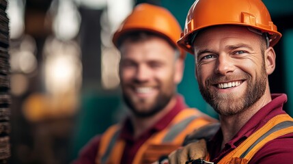 Two men wearing orange safety gear and smiling for the camera. Scene is happy and positive