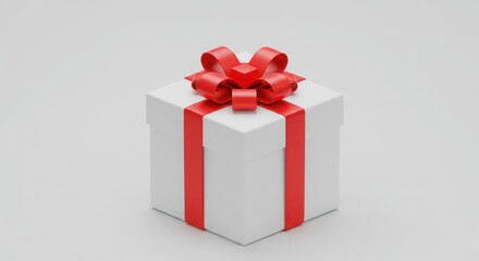 Obraz premium High-resolution render of white gift box with red ribbon and bow, showcasing festive and elegant holiday style