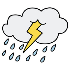 Hand drawn cartoon cloud with lightning and rain on white background.