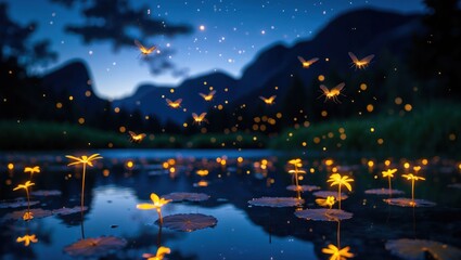Fototapeta premium Fireflies Flying Over Calm Lake at Night with Mountains