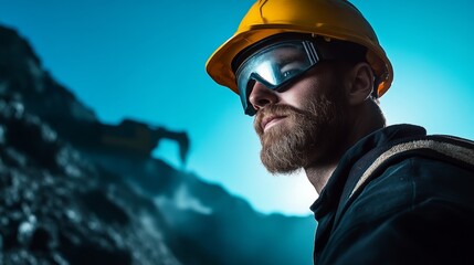 Fototapeta premium Man with a beard and a yellow helmet is looking at the camera. He is wearing a black jacket and a black hat