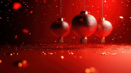 Three red lanterns hanging, festive backdrop