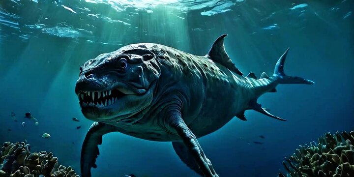 Monster shark with teeth like crocodile underwater in the sea. Underwater sea monster fish in the deepwater. Monster fish in the ocean. Monster shark crocodile teeth underwater sea deepwater ocean