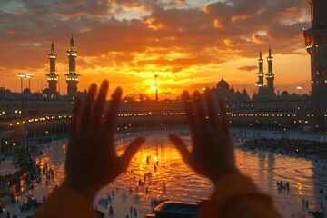 Hands Reaching Toward Sunset Over Sacred Site with Vibrant Sky