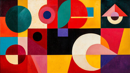 A colorful abstract painting with many shapes and circles