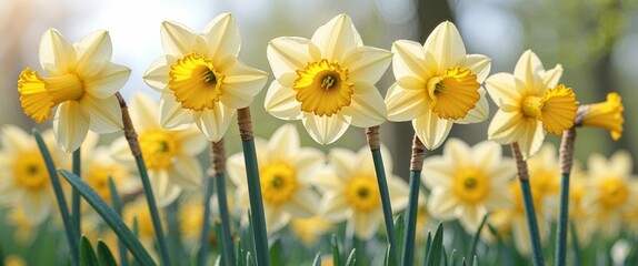 Obraz premium yellow daffodils are blooming in a field of green grass