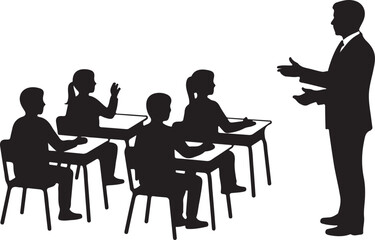  Black and white silhouette of a teacher explaining to students in a classroom. Perfect for educational themes, classroom discussions, and teaching scenarios highlighting student participation.