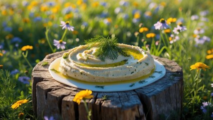 Fototapeta premium Serving of Hummus with Dill on Wooden Surface
