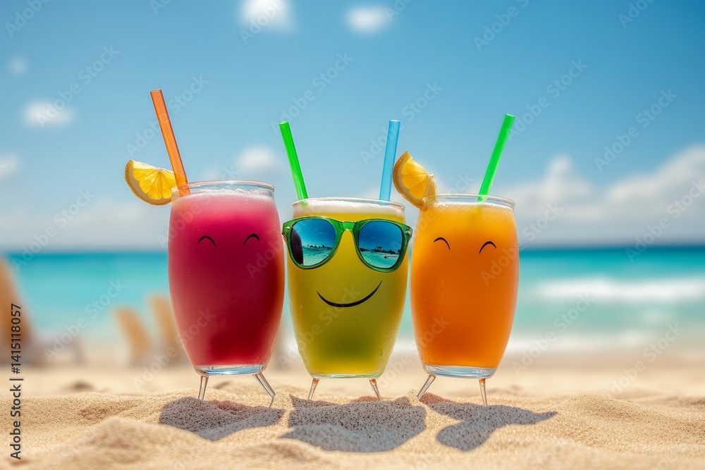 Poster three drinks with straws in them and smiling faces on them. the drinks are in glasses and are on a b