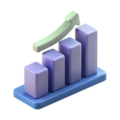 Business Growth Bar Chart 3d Icon Isometric minimalist 3D bar graph with cool tone bars rising in order, elegant white arrow floating over them,