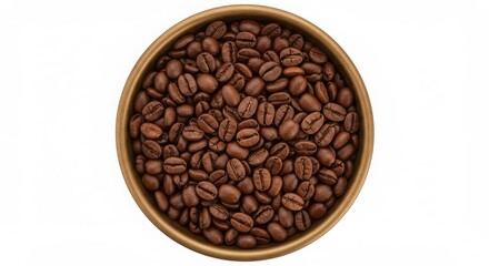 Fototapeta premium A high-resolution overhead close-up of a bronze bowl filled with roasted coffee beans, highlighting their rich brown tones and textured surfaces in a circular composition