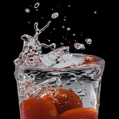 tomates cayendo dentro de un vaso y salpicando