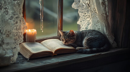 A cat curled on a windowsill next to an open book,  candle wax dripping,