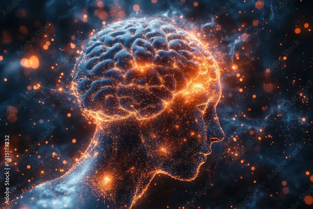 Poster digital representation of a human brain glowing in cosmic energy illustrates the connection between 