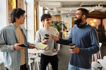 Colleagues engaging in conversation with coffee in a modern office space during work hours