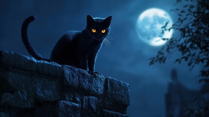 A black cat with glowing eyes sits atop a stone wall under a full moon.