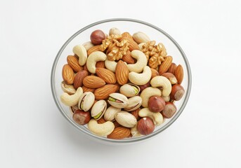 Assorted nuts in a clear glass bowl isoleted on white background