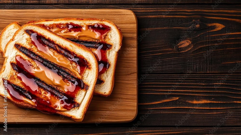 Poster two slices of peanut butter and jelly toast lie on a wooden cutting board against a rustic dark brow