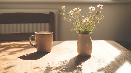 A simple wooden table with a ceramic mug, tiny vase with wildflowers,