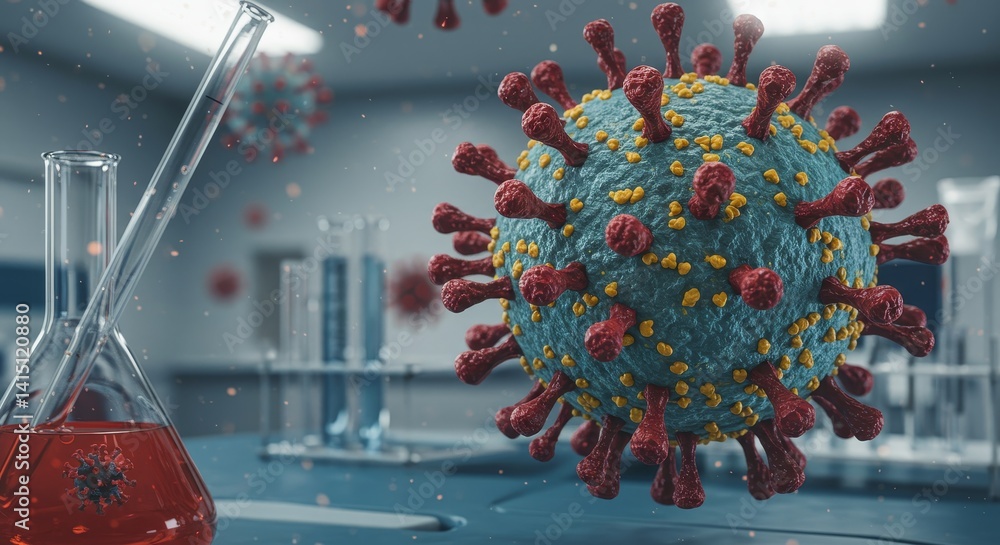 Poster microscopic virus research in lab - close-up of a virus model in a laboratory setting with beakers a
