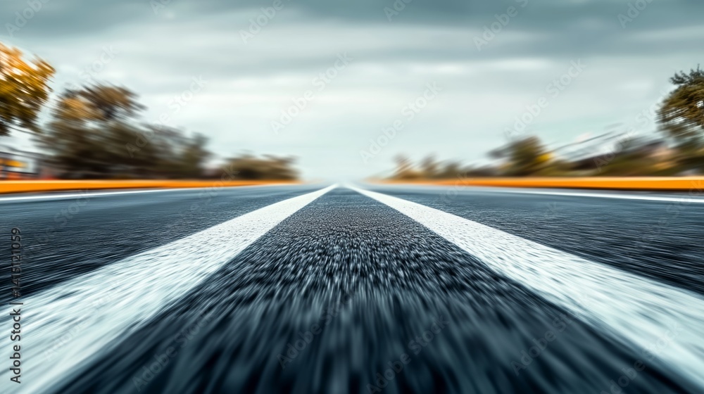 Aufkleber blurry shot of a road with white lines and trees in the background. the road appears to be empty and