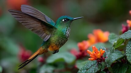 Fototapeta premium Vibrant hummingbird in flight near blossoms