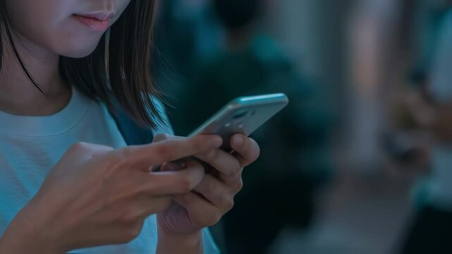 夜の街でスマホを操作する女の子（鼻から下の画角）